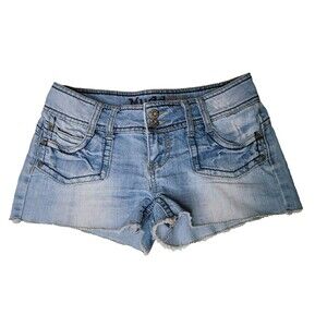 Y2K Mudd Brand Blue Denim Cut Off Shorts 2" Inseam Distressed Juniors Size 7